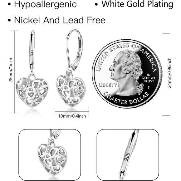 Women's Silver Heart Dangle Drop French Style Leverback Earrings Jewelry - Picture 6 of 7